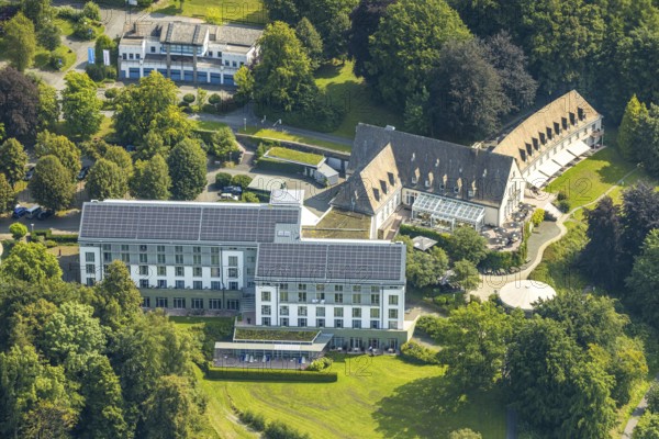 Aerial view, Welcome Hotel Meschede/Hennesee with solar roof and winter garden, Berghausen,