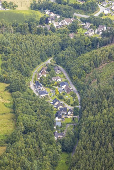 Aerial view, oval forest settlement Rümmecketal NSG nature reserve, Freienohl, Meschede, Sauerland,