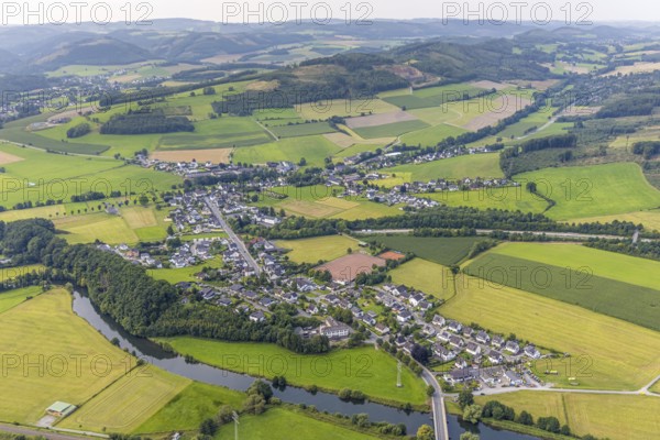 Aerial view, residential area local view district Olpe, sports field and tennis court Am Anger,