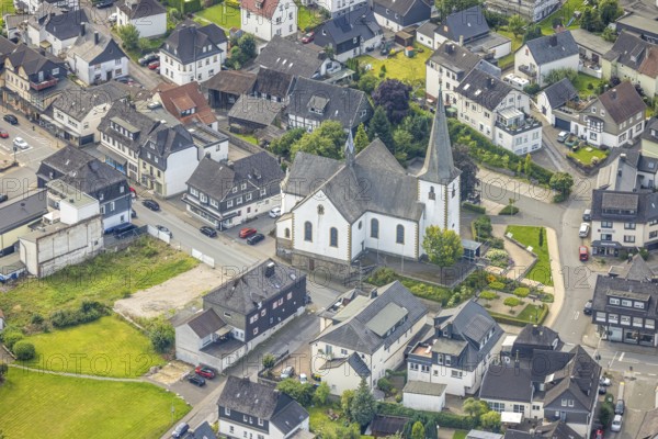 Aerial view, catholic St. Nikolaus parish church in the town centre, Freienohl, Meschede,