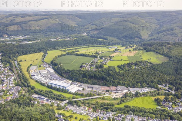 Aerial view, commercial area Im Langel at the edge of the forest, nature reserve Auf'm cock