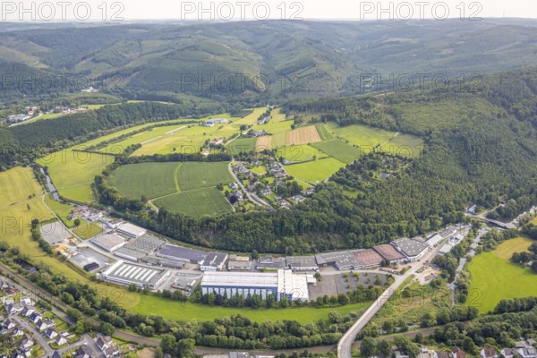 Aerial view, commercial area Im Langel at the edge of the forest, nature reserve Auf'm cock