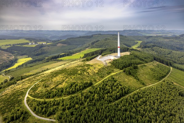 Aerial view, construction site with construction of a wind turbine on the Homberg, Calle, Meschede,