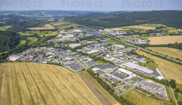 Aerial view, general view of the Enste industrial estate, citizen solar park photovoltaic solar