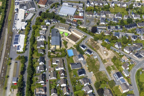 Aerial view, construction site An Klocken Kapelle, St. Walburga-Realschule with green awning,