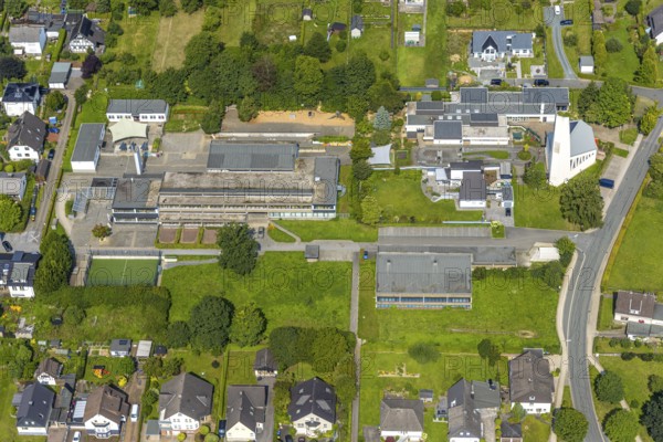 Aerial view, Marienschule primary school, evang. Family centre Johanneskindergarten with church,