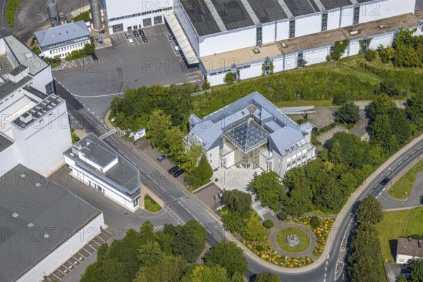 Aerial view, house with glass roof, flower bed and fountain of the brewery C. & A. VELTINS GmbH,