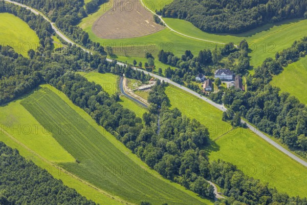 Aerial view, Haus Blessenohl iCastle and castle in the forest, former manor, bridge construction