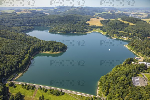 Aerial view, Hennesee with Hennesee dam, forest area, lonely sailing boat on the lake, Berghausen,