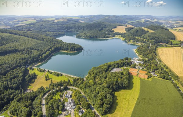 Aerial view, Welcome Hotel Meschede/Hennesee am Hennesee with Hennesee dam, forest area, lonely