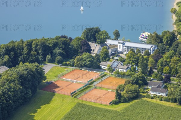 Aerial view, Welcome Hotel Meschede/Hennesee and tennis court, Hennesee with sailing boat, Meschede