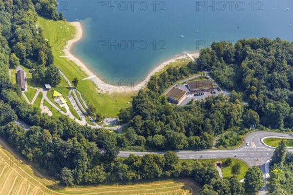 Aerial view, H1 am See Restaurant with green roof, sandy beach and adventure playground Piraten