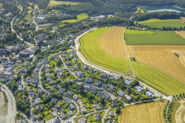 Aerial view, radio mast on a field Langelohweg, development plan Langeloh-West, Meschede town,