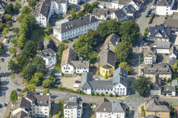 Aerial view, Christuskirche and parish hall, HSK music school, Meschede town, Meschede, Sauerland,