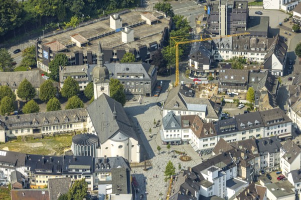 Aerial view, Stiftsplatz with St. Walburga catholic church, behind car park Stiftsplatz with