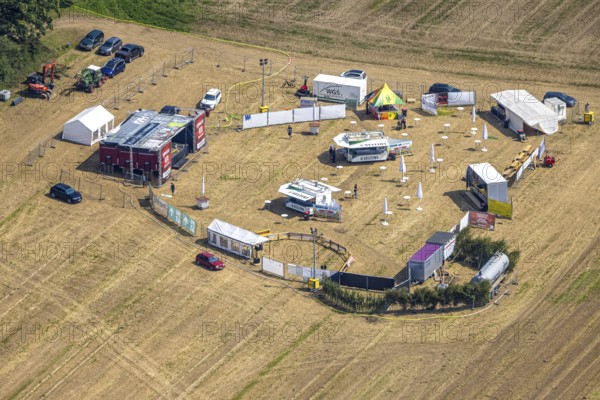 Aerial view, music event fairground with stubble field party in Altenhellefeld, Sundern, Sauerland,