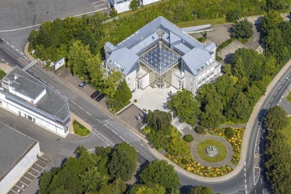 Aerial view, house with glass roof, flower bed and fountain of the brewery C. & A. VELTINS GmbH,