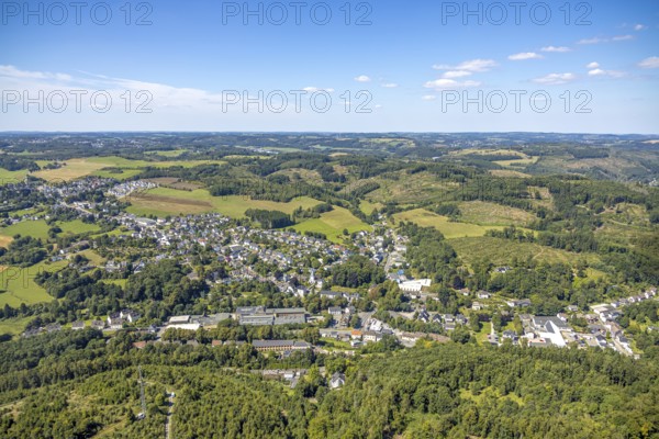 Aerial view, residential area local view district Oberbrügge and catholic church St. Georg
