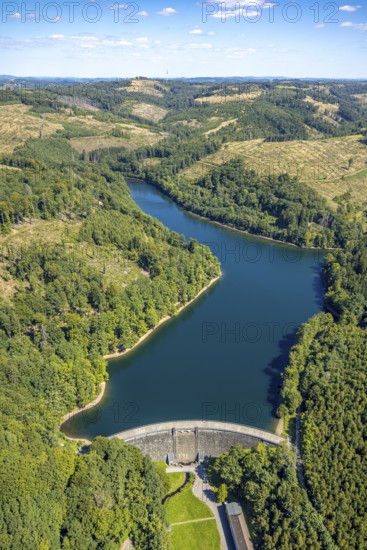Aerial view, Jubach Dam with dam, forest area with forest damage, Vollme, Kierspe, Sauerland, North