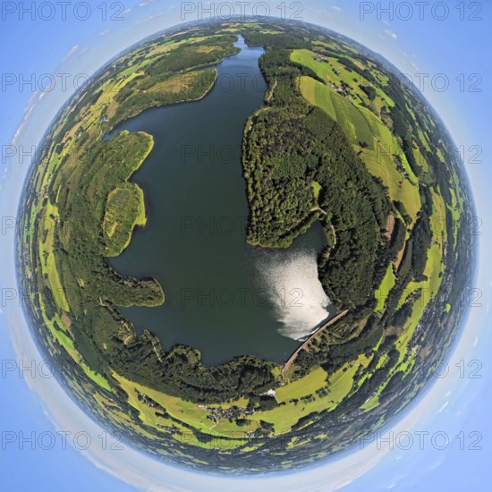 Aerial view, Kerspetalsperre and forest area, earth globe, fisheye image, 360 degree image, tiny