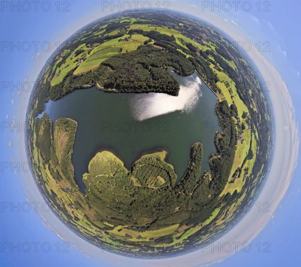 Aerial view, Kerspetalsperre and forest area, earth globe, fisheye image, 360 degree image, tiny
