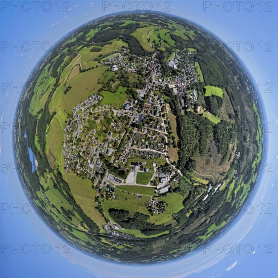 Aerial view, residential area, view of Rönsahl, earth globe, fisheye image, 360 degree image, tiny