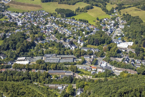 Aerial view, residential area local view district Oberbrügge and catholic church St. Georg