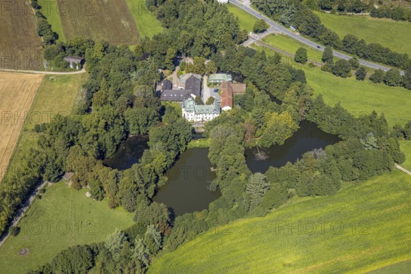 Aerial view, moated castle Haus Rhade, bulwark, Kierspe, Sauerland, North Rhine-Westphalia,