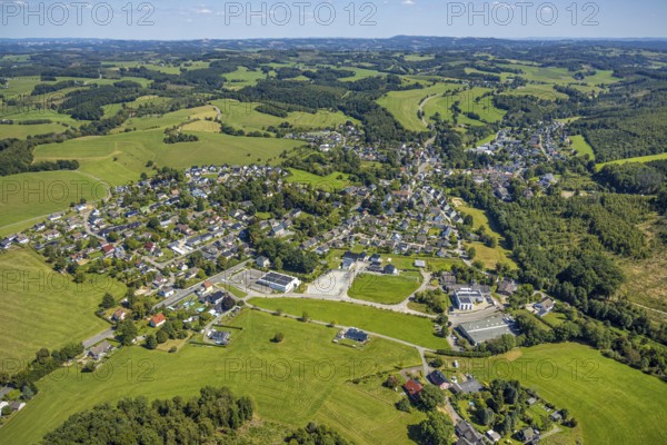 Aerial view, residential area local view district Rönsahl with historical distillery Rönsahl,