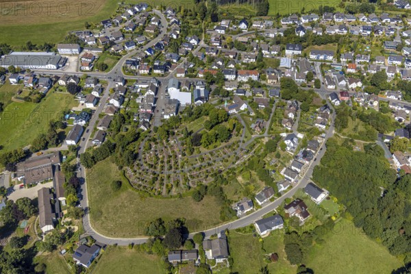 Aerial view, Evangelical church Oberbrügge and evang. Cemetery, residential area on Heerstraße,
