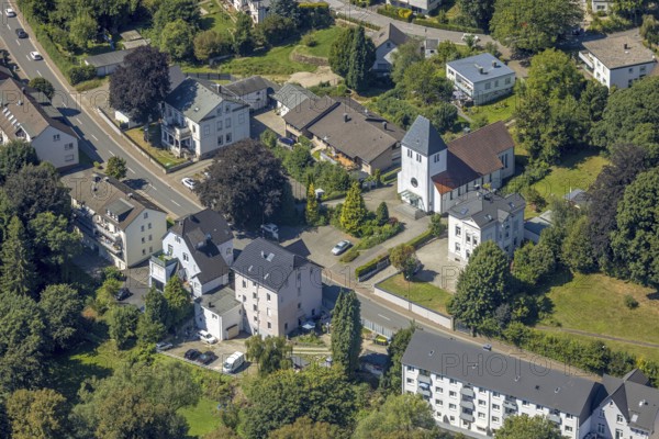 Aerial view, catholic church St. Georg Oberbrügge, Halver, Sauerland, North Rhine-Westphalia,