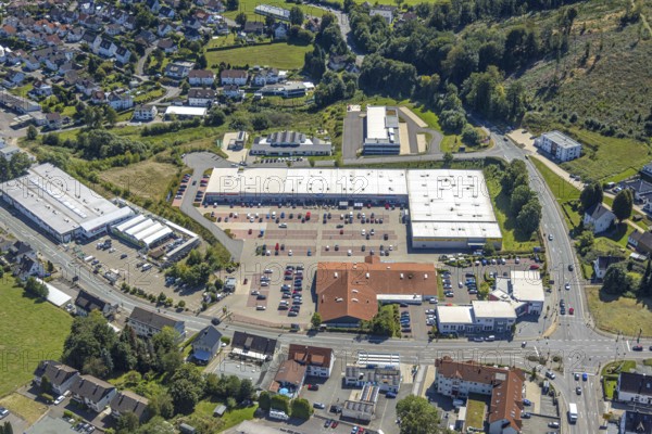Aerial view, shopping centre with car park Kölner Straße, Kierspe, Sauerland, North