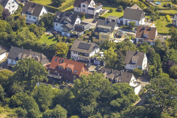 Aerial view, residential building with solar roof on Wiesenstraße, Höferhof, Kierspe, Sauerland,