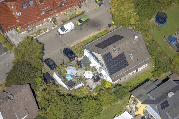Aerial view, residential building with solar roof on Wiesenstraße, Höferhof, Kierspe, Sauerland,