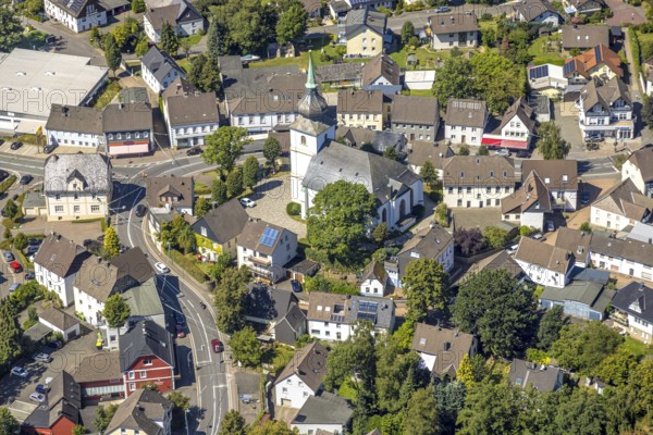 Aerial view, Protestant St. Margaret's Church in the centre of Kierspe-Dorf, Kierspe, Sauerland,
