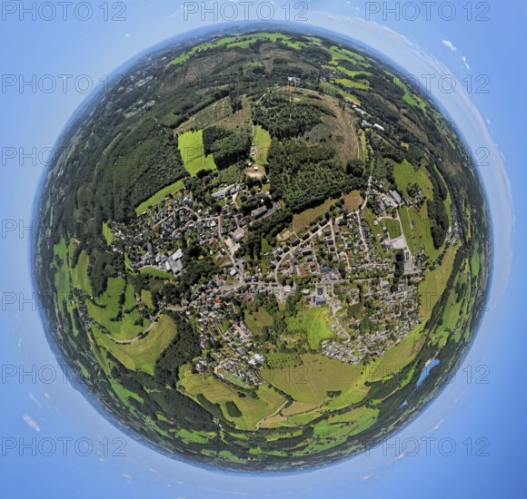 Aerial view, residential area, view of Rönsahl, earth globe, fisheye image, 360 degree image, tiny