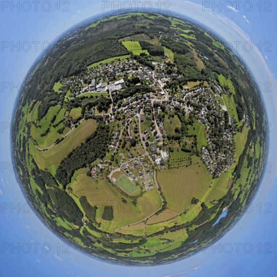 Aerial view, residential area, view of Rönsahl, earth globe, fisheye image, 360 degree image, tiny