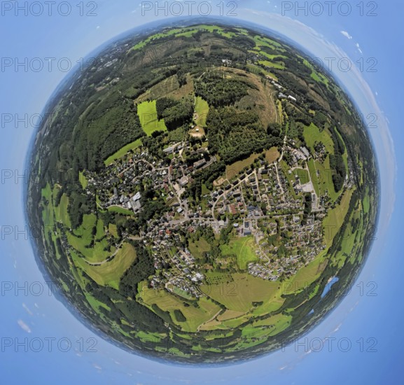 Aerial view, residential area, view of Rönsahl, earth globe, fisheye image, 360 degree image, tiny