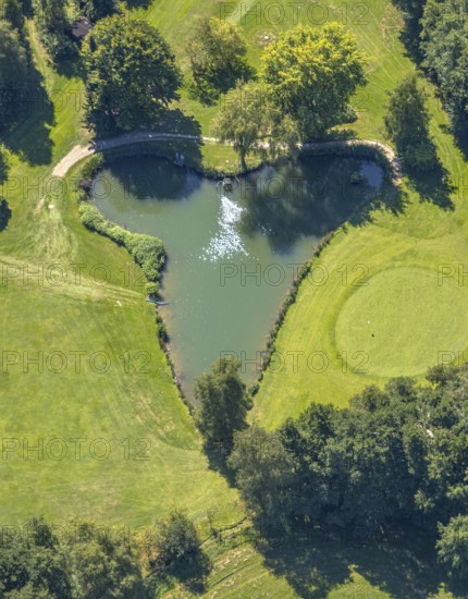 Aerial photo, golf meadow Golfclub Varmert e.V., heart-shaped pond, Elbringhausen, Kierspe,