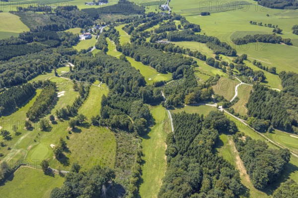 Aerial view, golf meadow Golfclub Varmert e.V. with sand bunker, Elbringhausen, Kierspe, Sauerland,
