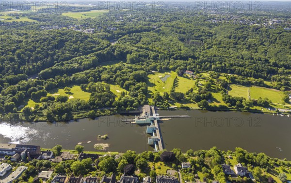 Aerial view, Lake Baldeney weir and Kruppwald green lung, Golf course Golfriege ETUF e.V.,