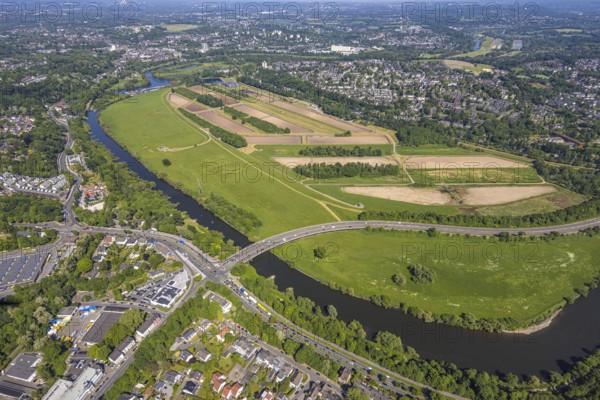 Aerial view, waterworks Wassergewinnung Essen GmbH on the river Ruhr, Konrad-Adenauer-Brücke,