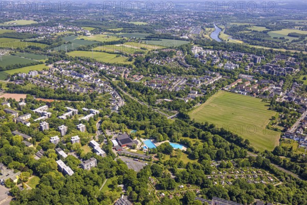 Aerial view, Bad und Sport Oststadt swimming pool outdoor pool, high-rise housing estate, view of