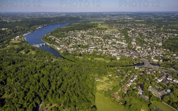 Aerial view, Baleneysee and Brehminsel, Lake Baldeney weir with river Ruhr and view of Werden,