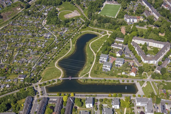 Aerial view, Niederfeldsee, left KGV Kleingärtnerverein Amalie 94 e. V., above the sports field