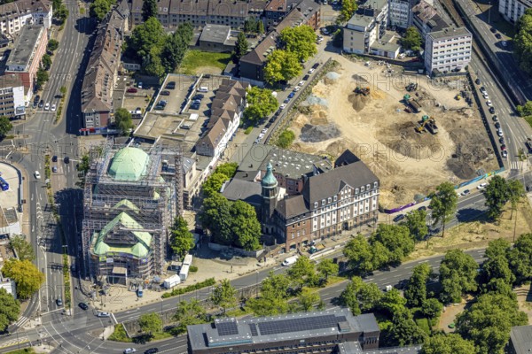 Aerial view, Old Synagogue Essen renovation with scaffolding, Edmund-Körner-Platz, construction