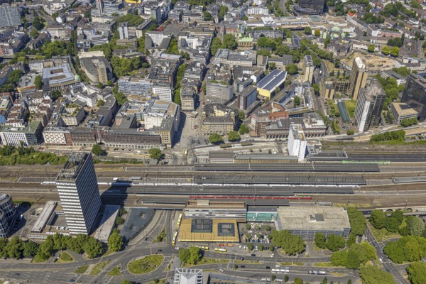 Aerial view, central station and city centre with construction site of former Kaufhof building at