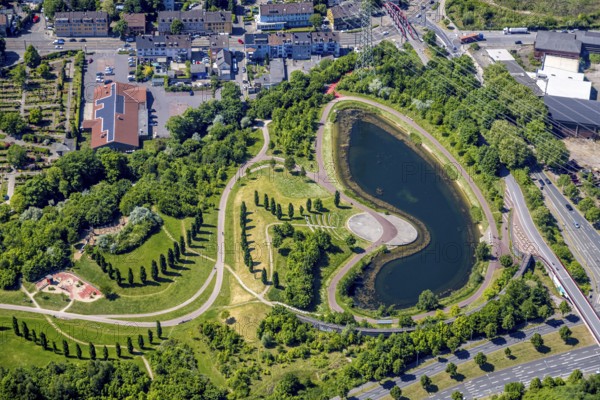 Aerial view, Kruppsee with open-air theatre and park, Westviertel, Essen, Ruhr area, North