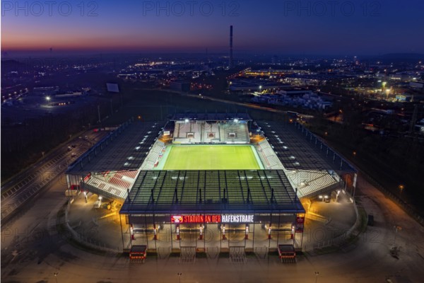 Aerial view, football stadium at the Hafenstraße of the club Rot-Weiß Essen, 3rd Bundesliga,