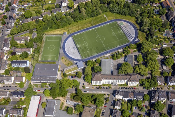 Aerial view, football stadium and athletics stadium with blue running track, Prinzenpark sports
